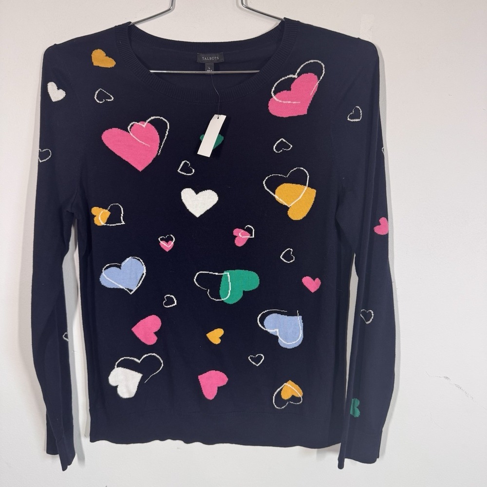 NWT Talbots Navy Blue Tossed Hearts Sweater Thin Knit Cotton Blend Women's L Fun